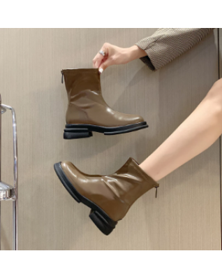 New Leather Casual Chunky Heel Women Waterproof Shorts Fashion Women's Shoes Black Brown Back Zipper Botines DeMujer