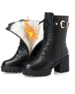 Winter High-heeled Leather Women's Winter Boots Thickened Wool Warm Women's Military Boots High-quality Women's Snow Boots