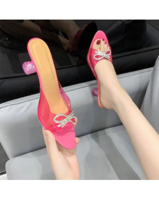 Rhinestone Bow Satin Sandals Ladies Wine Glass High Heels Sheer Jelly Shoes Ladies Open Toe Dress Wedding Shoes