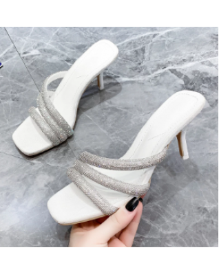 Summer New Women's Fashion Black Beige White Rhines tone High Heel s Square Toe Open Toe Stiletto Sandals Outdoor Shopping