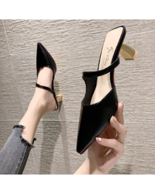 Elegant Low-heeled Women's Mules Summer Sexy Pointed Ladies Slippers Slip-on Casual Office Shoes Black High-heeled Shoes Women